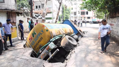 Road on nala cave-in at Banjara Hills after water tanker collapse