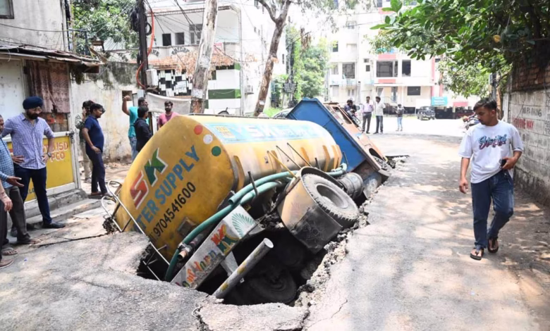 Road on nala cave-in at Banjara Hills after water tanker collapse