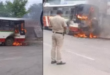 A Telangana State Road Transport Corporation bus caught fire near Mehdipatnam bus stop