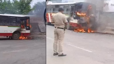 A Telangana State Road Transport Corporation bus caught fire near Mehdipatnam bus stop