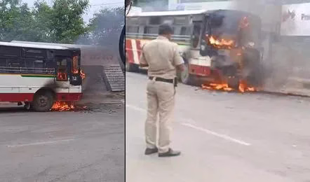A Telangana State Road Transport Corporation bus caught fire near Mehdipatnam bus stop